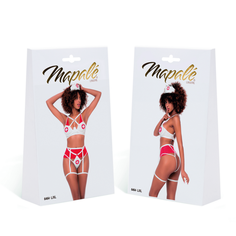 Mapalé sexy verpleegster kostuum wit, verpakking met voor en zijaanzicht van het model in wit met rood