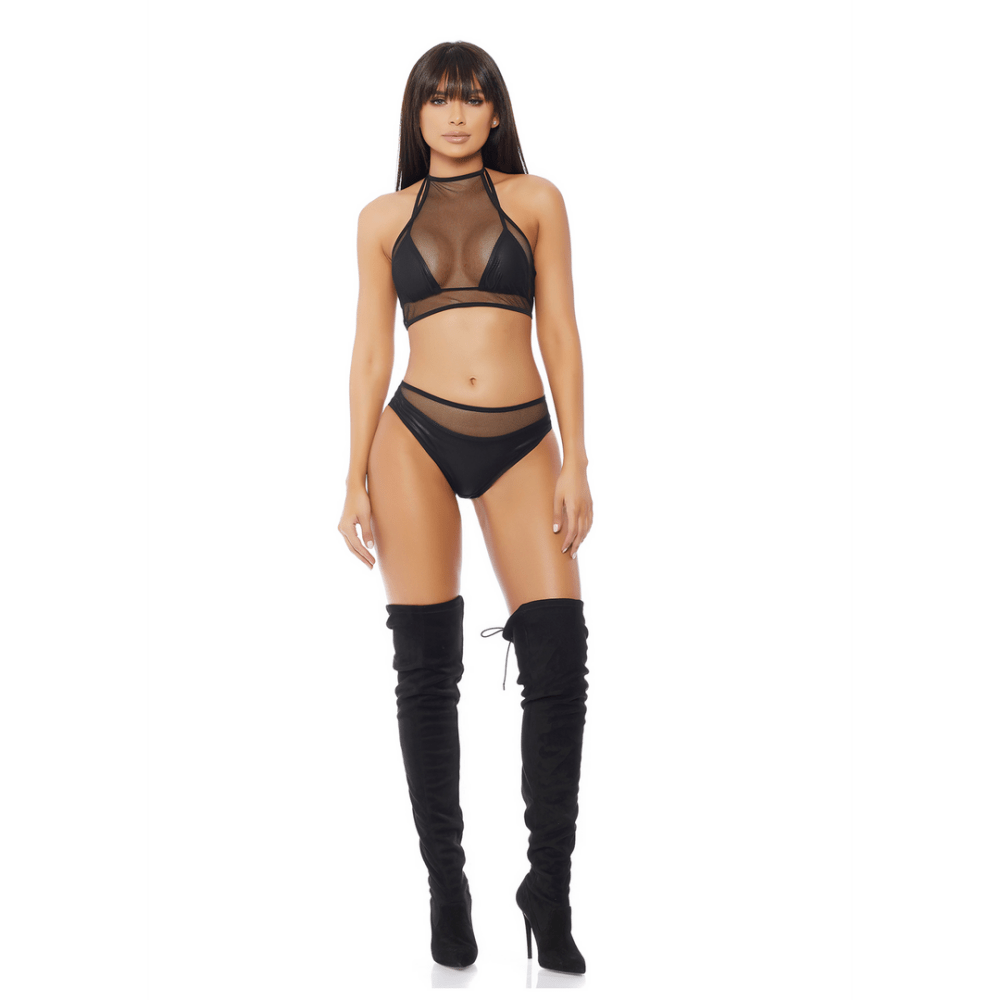 Forplay Impulse set zwart, maat L/XL, full body, top en slip met zwarte kousen tot boven de knie