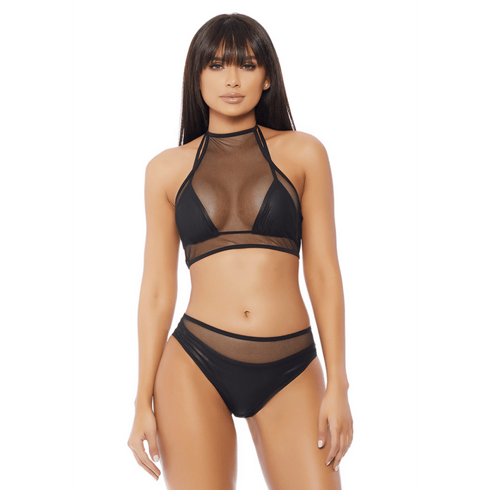 Forplay Impulse top en slip set zwart, maat L/XL, vooraanzicht, minimalistische lingerie set met bandjes