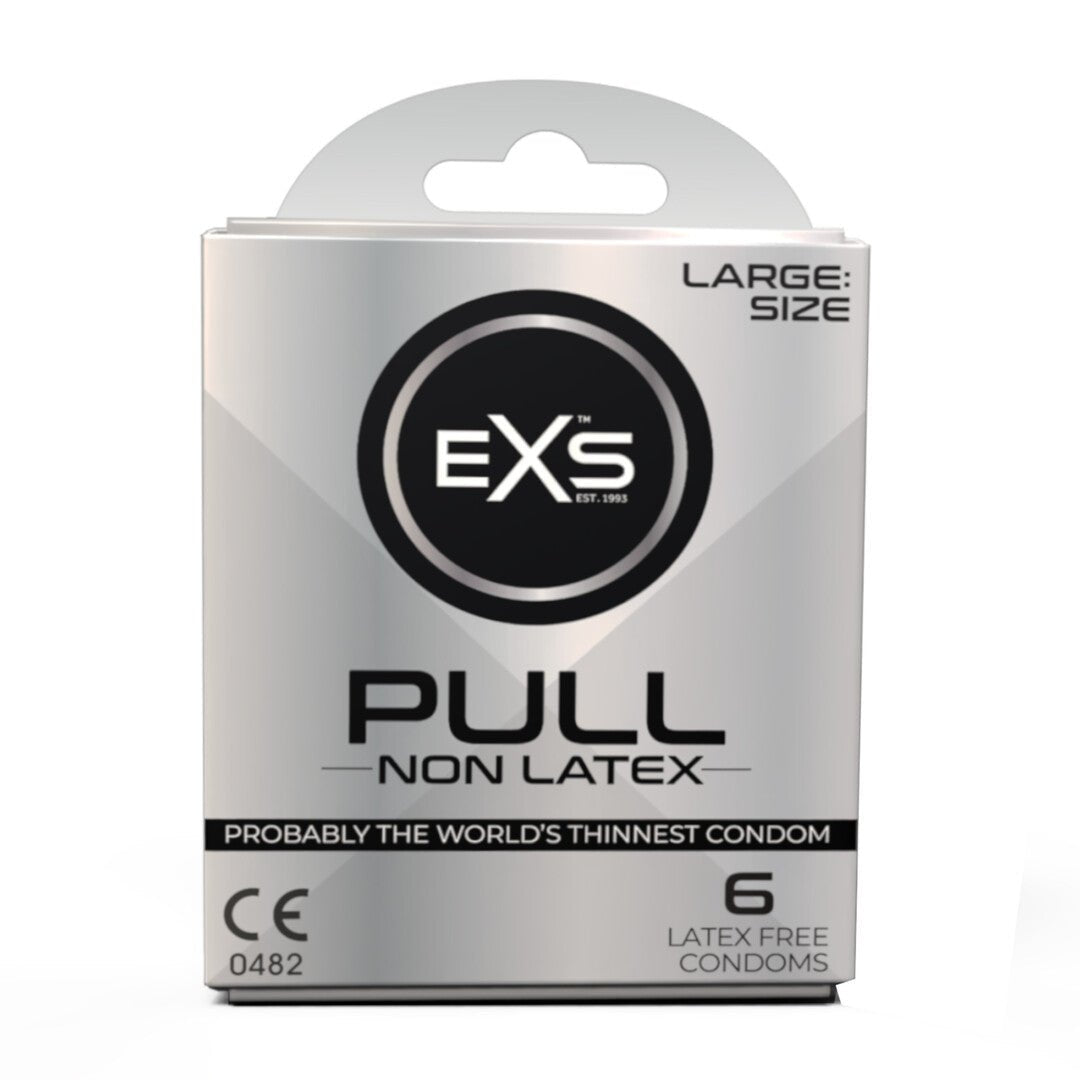 EXS Pull Large latexvrije condooms 6 stuks in rechte frontale productweergave met zilverwitte doos op witte achtergrond