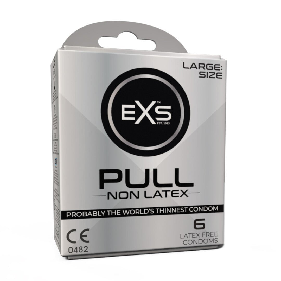 EXS Pull Large latexvrije condooms 6 stuks in schuin zijaanzicht met compacte zilverwitte verpakking op witte achtergrond