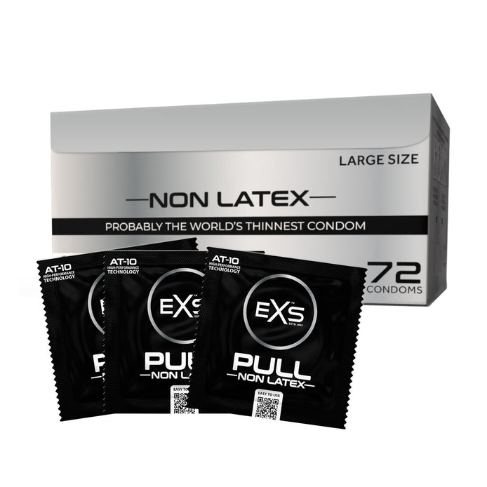 EXS Pull Large latexvrije condooms 72 stuks, zwart-witte verpakking met drie losse wikkels op witte studio-achtergrond