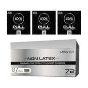 EXS Pull Large latexvrije condooms 72 stuks, doos met drie losse wikkels erboven in heldere studio-opstelling