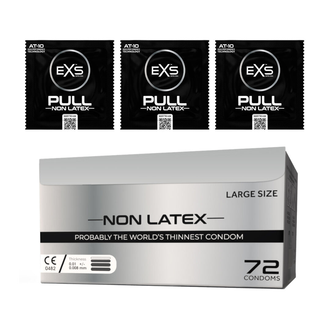 EXS Pull Large latexvrije condooms 72 stuks, doos met drie losse wikkels erboven in heldere studio-opstelling