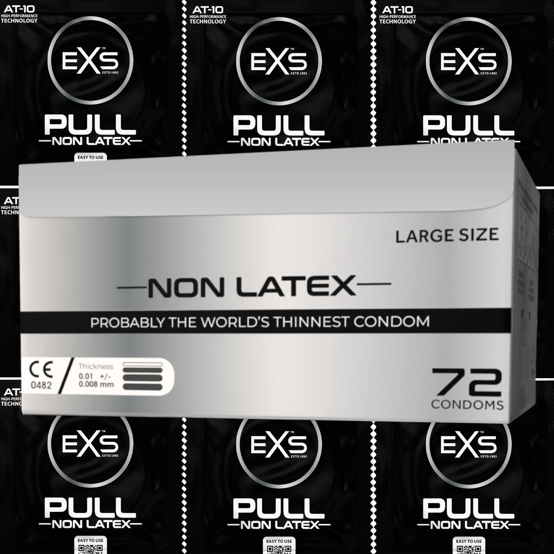 EXS Pull Large latexvrije condooms 72 stuks, centrale verpakking omringd door zwarte wikkels in grafische lay-out