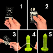 EXS Pull Latexvrije Condooms 72 stuks, instructiebeeld met handelingen en groene condoomillustraties in vijf stappen