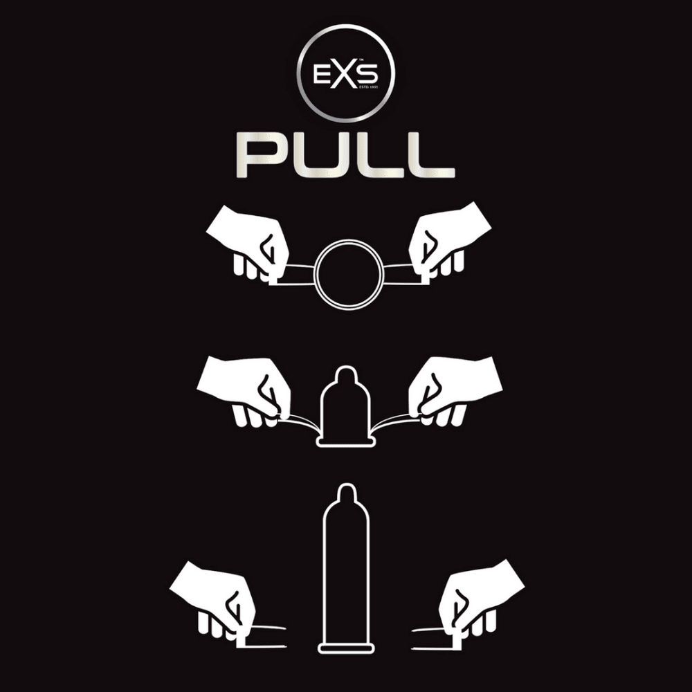EXS Pull Latexvrije Condooms 72 stuks, zwart instructiepictogram met witte iconen en condoomillustratie centraal in beeld