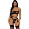 Forplay zwarte mesh lingerie set met strapless bh en jarretels maat S gedragen op model vooraanzicht met transparante stof