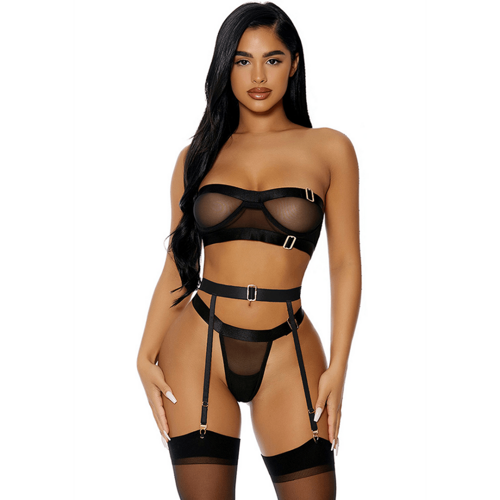 Forplay zwarte mesh lingerie set met strapless bh en jarretels maat S gedragen op model vooraanzicht met transparante stof