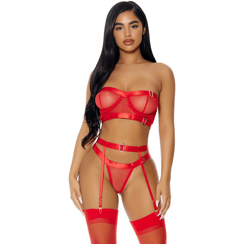 Forplay Good As Gold lingerie set rood, maat M, vooraanzicht, bh met jarretels en string, luxe uitstraling