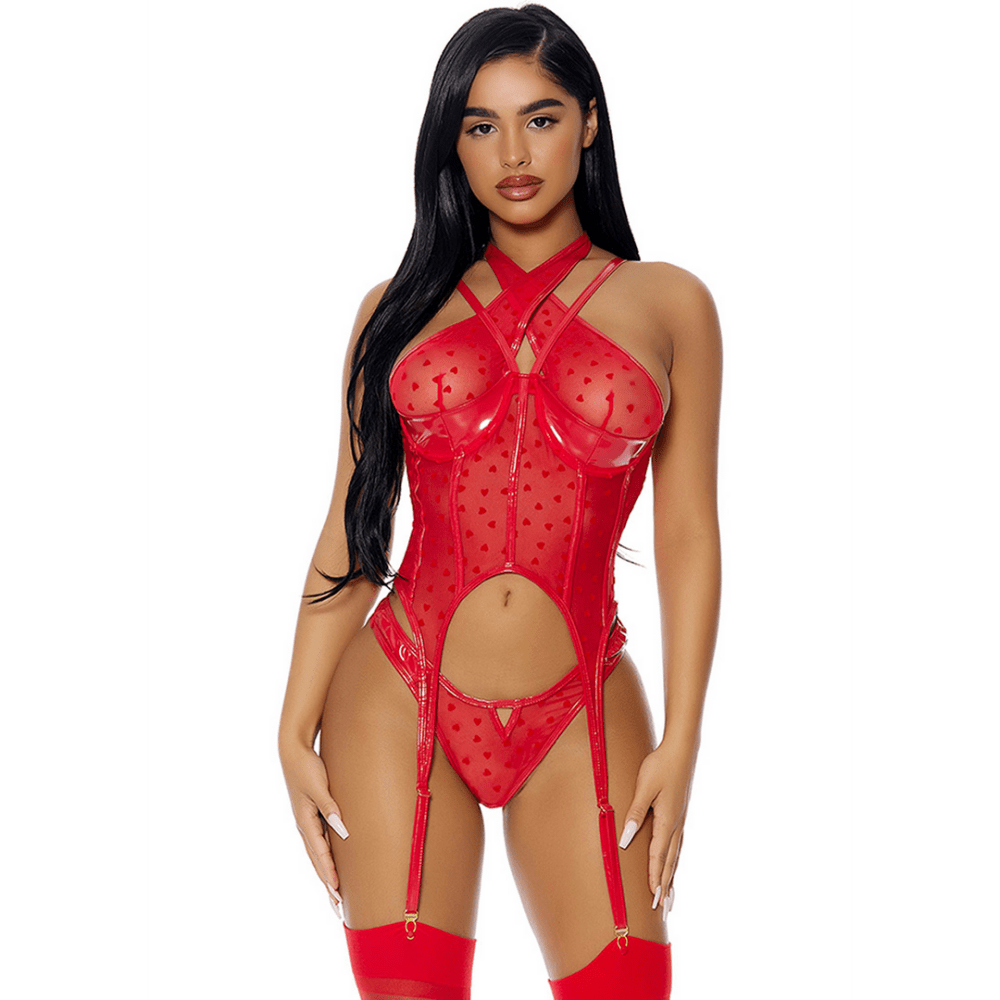 Forplay Steal Your Heart set rood, maat L, vooraanzicht, body met uitgesneden details en verfijnd kant