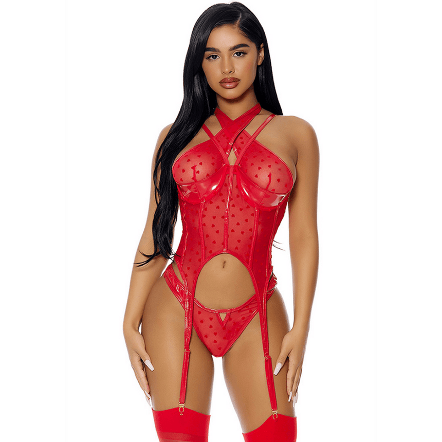 Forplay Steal Your Heart rood bodylingerie, maat S, vooraanzicht, uitgesneden details en kantaccenten