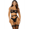 Forplay Just a Peek lingerieset, kant peek a boo, 3 delig, zwart, maat M, vooraanzicht op model