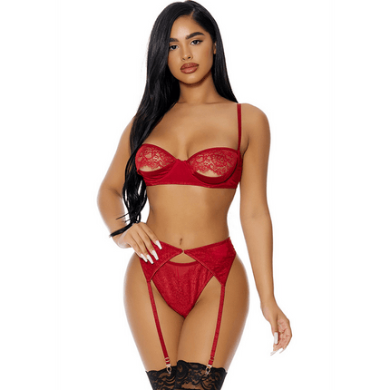 Forplay Just A Peek rood lingerieset met bh, jarretels en slip, maat M, vooraanzicht op model, sensuele kanten details