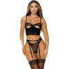 Forplay Peek Inside lingerie set zwart met jarretelbandjes en kousen, maat M, vooraanzicht op model