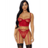 Forplay Peek Inside set rood, kanten bh met jarretelgordel en slip, maat M, vooraanzicht op model