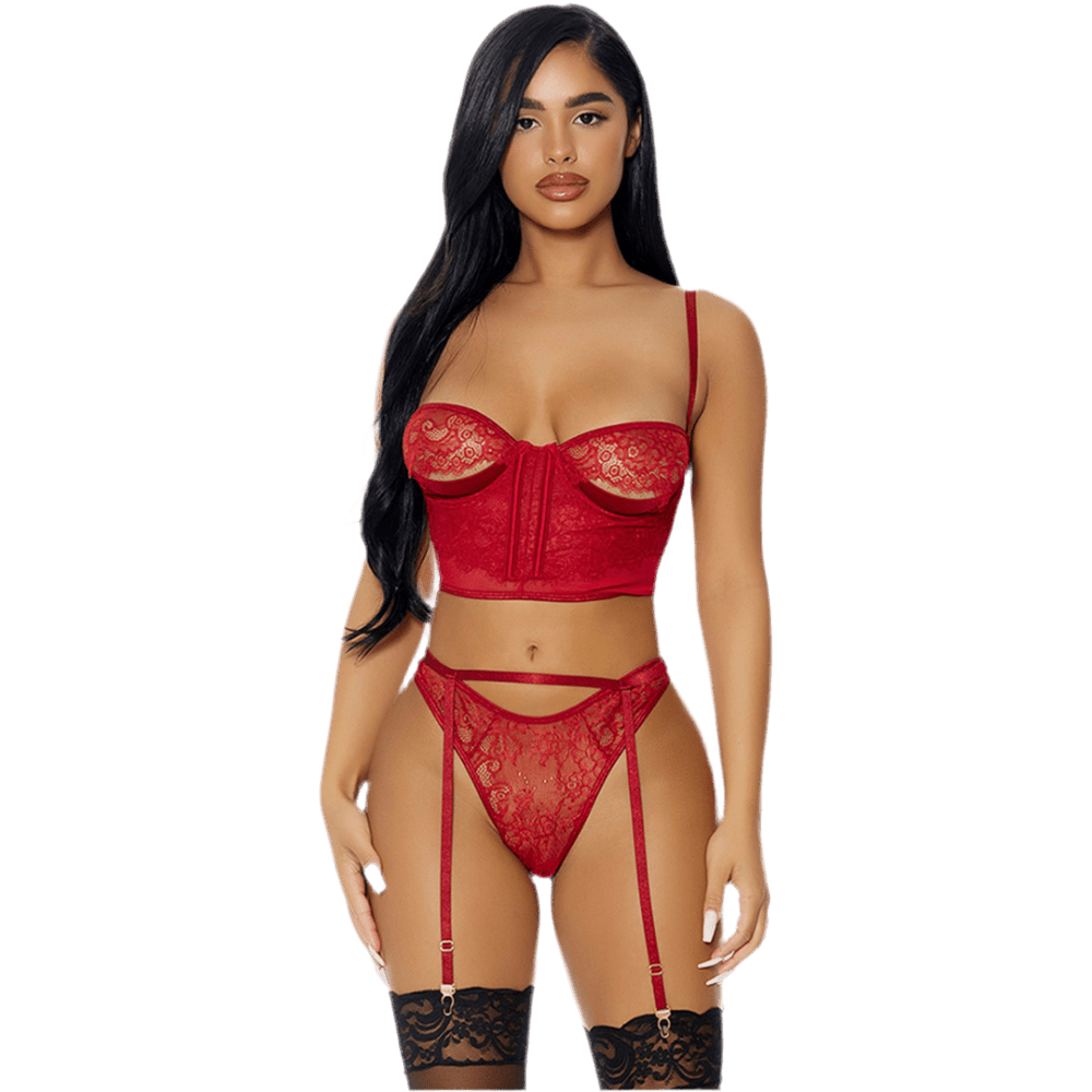 Forplay See You Peeking lingerie rood, kanten bh en jarretelgordel met slip, maat XL, detail voorzijde