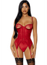 Forplay rode teddy met peek a boo details en jarretelband maat S gedragen op model met sensuele lingerie look