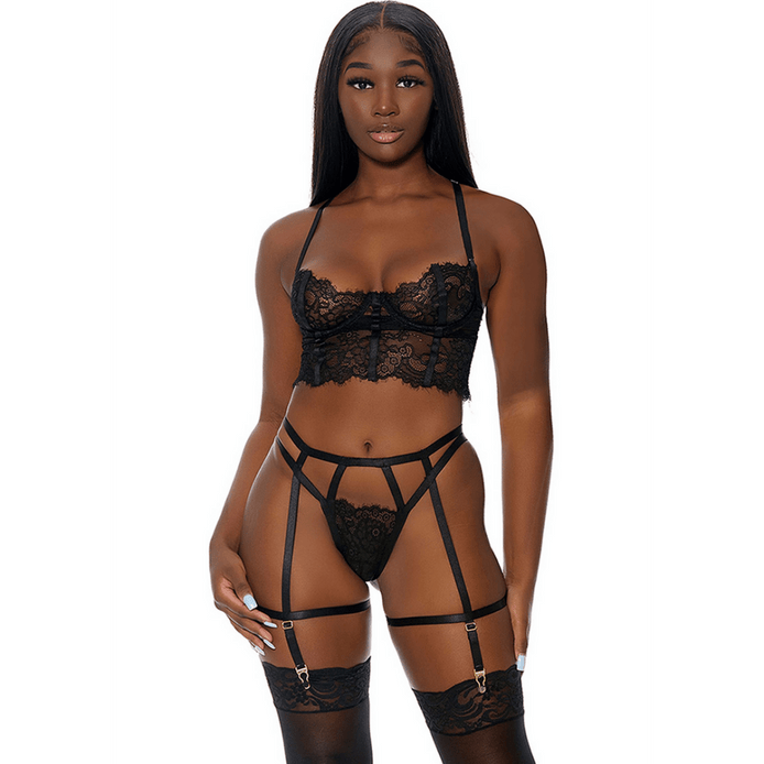 Forplay Blooming Beauty lingerie set zwart, bloemenkant met jarretelbandjes en slip, maat S, vooraanzicht