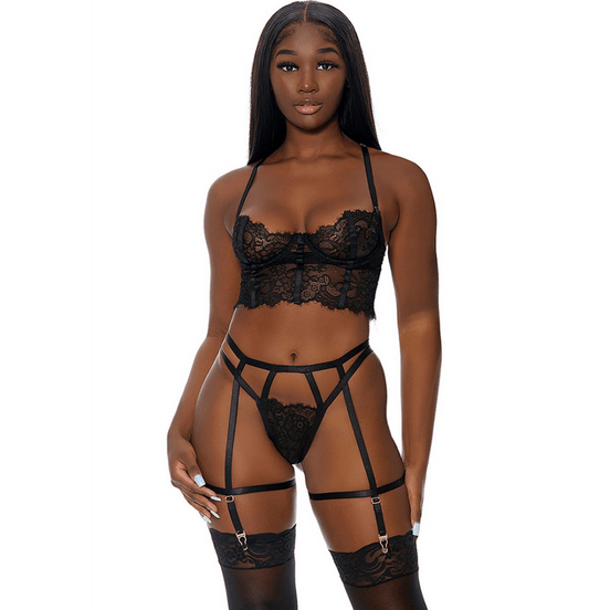 Forplay Blooming Beauty Lingerie Set longline bustier | Size XL Black
