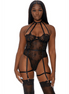 Forplay zwarte mesh en kanten teddy met jarretels lingerie maat M gedragen op model vooraanzicht met transparante details