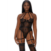 Forplay Watch Her Bloom teddy zwart maat M, bloemenkant, jarretels, verstelbare bandjes, vooraanzicht