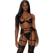 Forplay Blooming Season 3-Piece Lingerie Set Black Size M