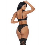 Zij achteraanzicht Forplay Sweet Siren teddy zwart, open rug bandjes, pinstripe kant en high leg pasvorm, maat L