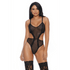 Model in Forplay Sweet Siren teddy zwart, pinstripe mesh met kanten cups en hoge beenuitsnijding, maat L