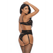 Forplay Lace Me Down bh, jarretelgordel en hoge taille panty | Maat XL Zwart