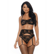 Forplay Lace Me Down bh, jarretelgordel en hoge taille panty | Maat XL Zwart