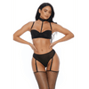 Model draagt Forplay Right Sheer Right Now set zwart, beugel bh met choker, high waist string met jarretels, maat XL