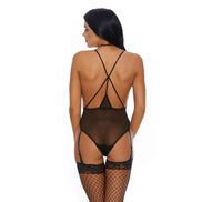 Achteraanzicht Forplay Provocative Vixen teddy zwart, open rug met bandjes en jarretels, maat L