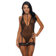 Model in Forplay Provocative Vixen teddy zwart met sheer mesh, diepe V hals en jarretels, maat XL