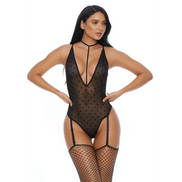 Model in Forplay Sweet Dot teddy zwart met stippen mesh, diepe V hals en jarretels, maat XL