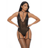 Model in Forplay Sweet Dot teddy zwart met stippen mesh, diepe V hals en jarretels, maat XL