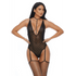 Model in Forplay Sweet Dot teddy zwart met stippen mesh, diepe V hals en jarretels, maat XL