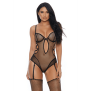 Forplay zwarte teddy lingerie maat M met criss cross detail, jarretels en transparante mesh voor een sexy look