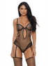 Forplay zwarte teddy lingerie maat M met criss cross detail, jarretels en transparante mesh voor een sexy look