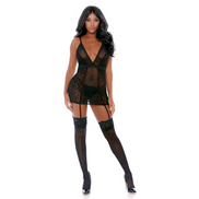 Forplay Feline Frisky nachtjurk set zwart, maat XL, vooraanzicht, transparante lingerie met kant en bandjes