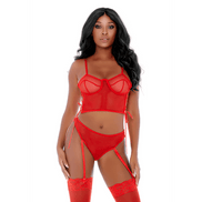 Forplay Ring Me Up bustier set rood, maat XL, full body shot, lingerie met jarretels, accentbandjes en mesh