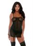 Forplay zwarte mesh nachtjapon lingerie set maat M met O ring details en transparant design vooraanzicht op model