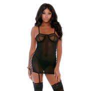Forplay Ring It On chemise set zwart, maat XL, full body, kanten bustier look met ringdetail en jarretelkousen