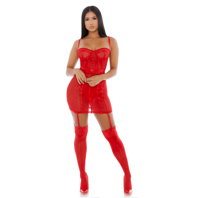 Forplay Sheer Intimacy mesh bustier set rood maat L, transparant bustier met bijpassende slip