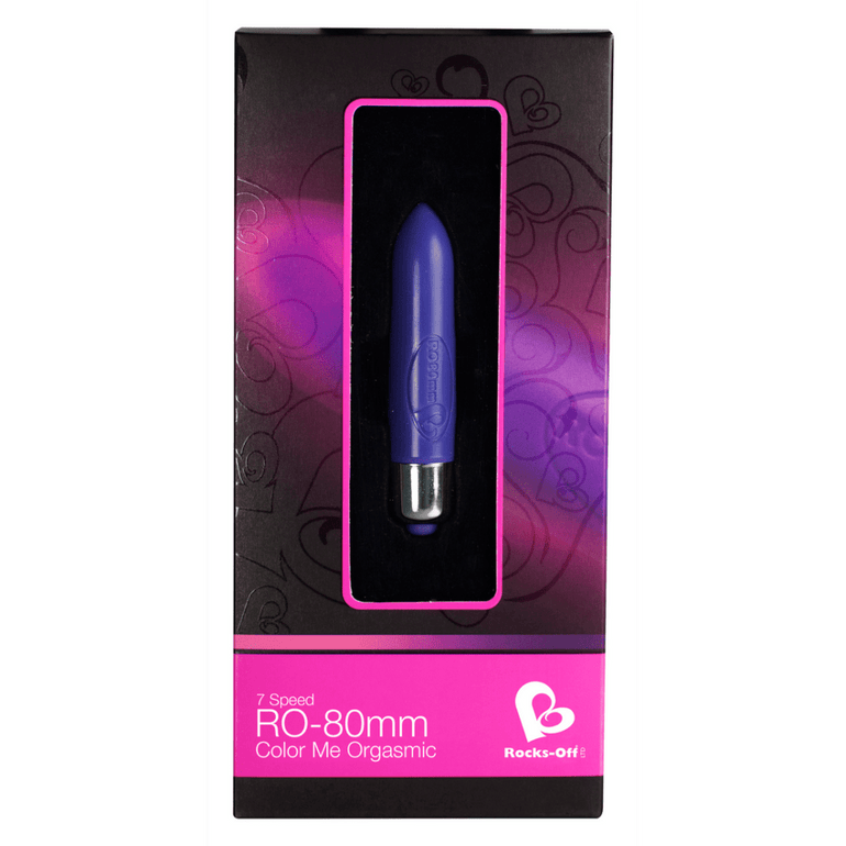 Rocks-Off bullet vibrator 80 mm verpakking, paars zwart doosje met productafbeelding