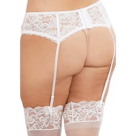 Witte Dreamgirl jarretelgordel Plus Size met kantdetail, achterzijde met bijpassende kousen