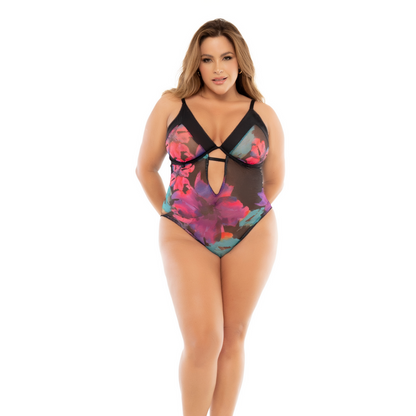 Mapalé Floral Teddy met Beugel en Jarretels Zwart 1X/2X