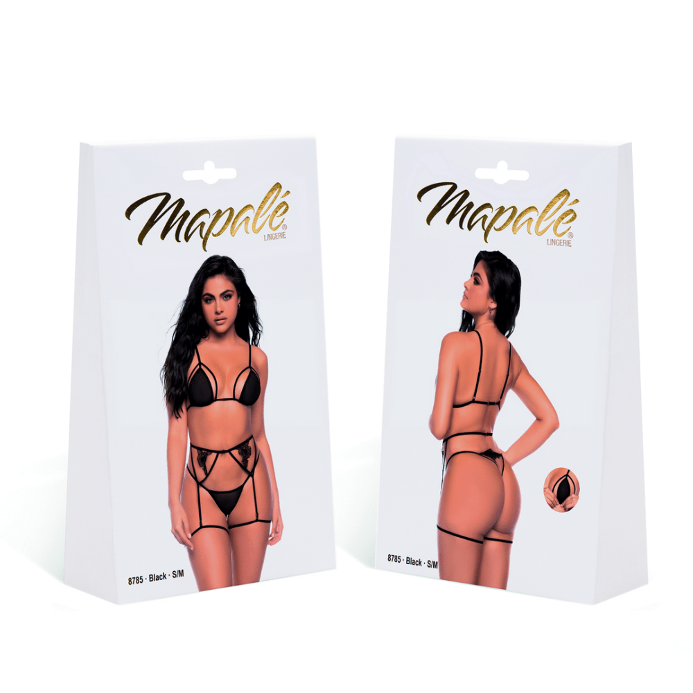 Mapalé Drie‑Delige Set Zwart S/M | Mesh Triangel & Jarretelgordel