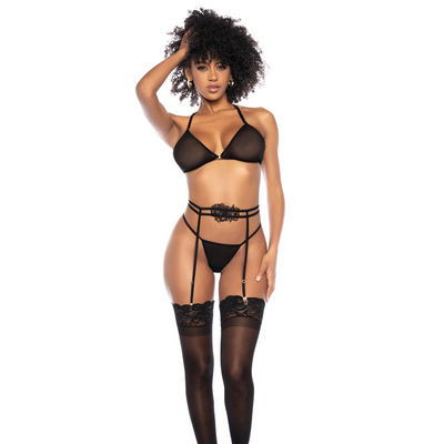 Mapalé Dreiteiliges Dessous-Set mit Strumpfgürtel und String L/XL | Schwarz