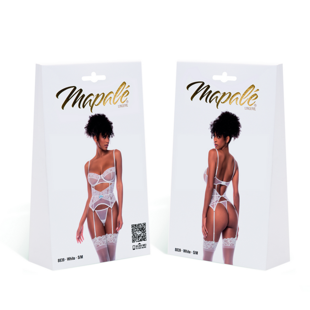 Mapalé Zweiteiliges Dessous-Set mit floraler Spitze und Netzstoff L/XL | Weiß